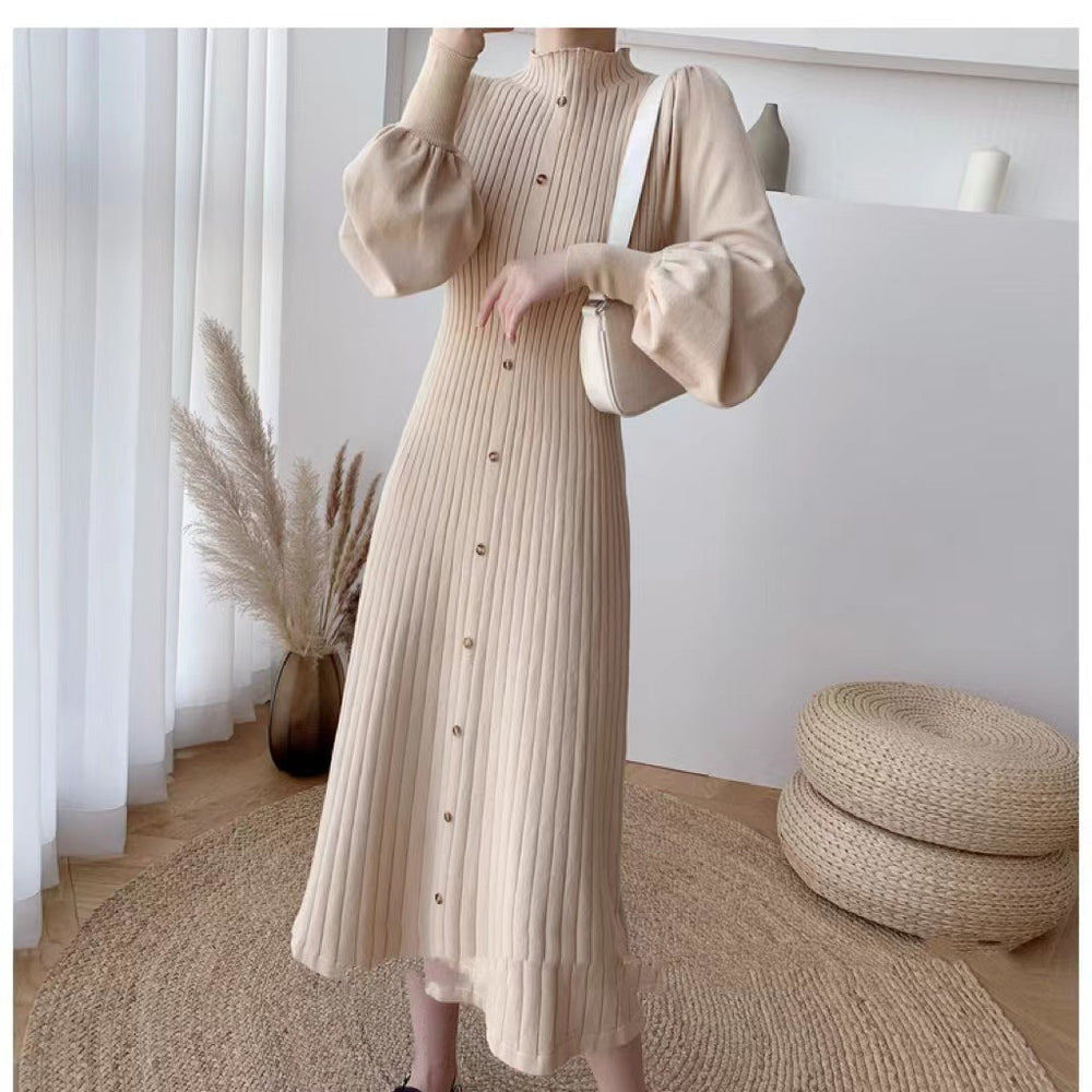 Damen Elegantes, gerippteres Knopfkleid mit langen Ärmeln R&B
