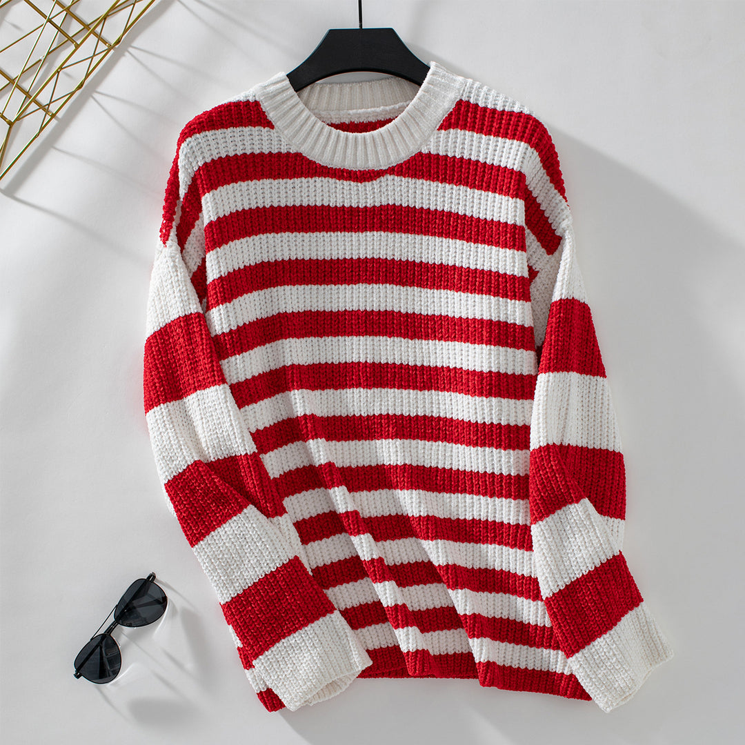 Damen lässiger Streifenpullover mit weichem Strukturstrick R&B