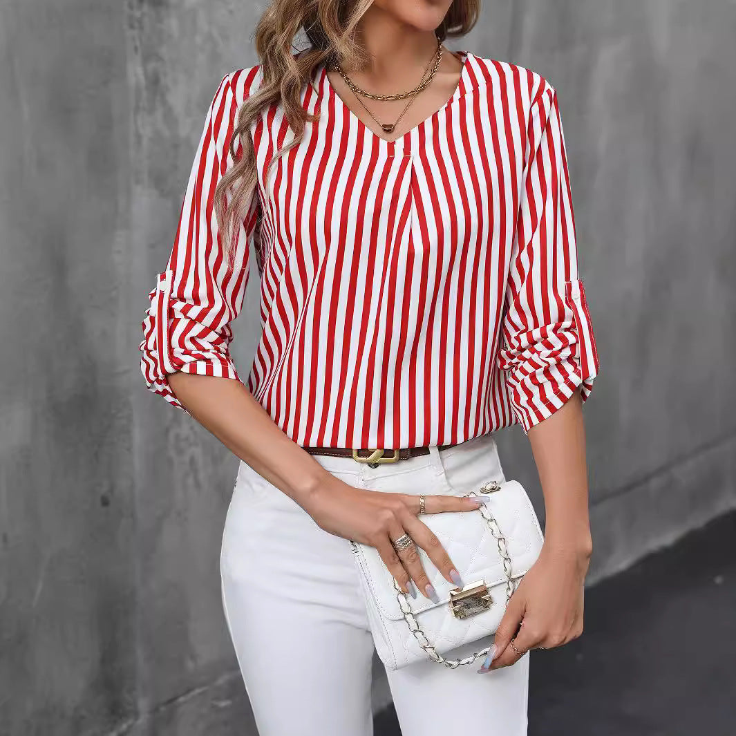 Damen Bluse mit stilvollem Streifenmuster und modernem V-Ausschnitt