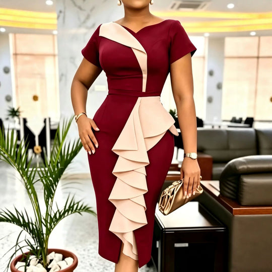 Damen Elegantes Midikleid mit asymmetrischem Rüschendesign R&B