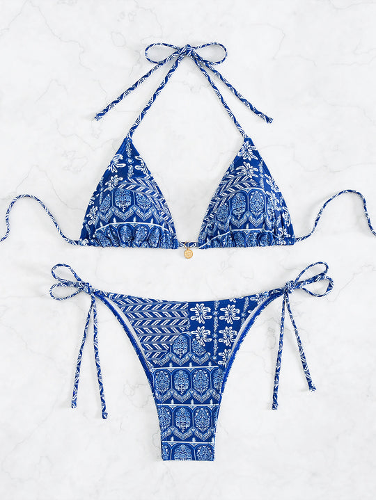 Damen Triangel-Bikini mit verspielt floralem Design und bindbaren Trägern R&B