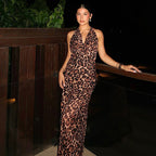 Damen Halsband Leopard Druck Maxikleid
