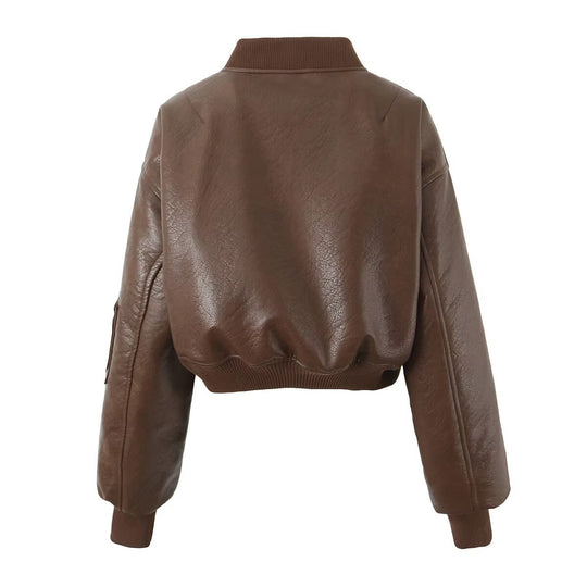Damen cropped Kunstlederjacke mit Reißverschluss und praktischen Taschen R&B