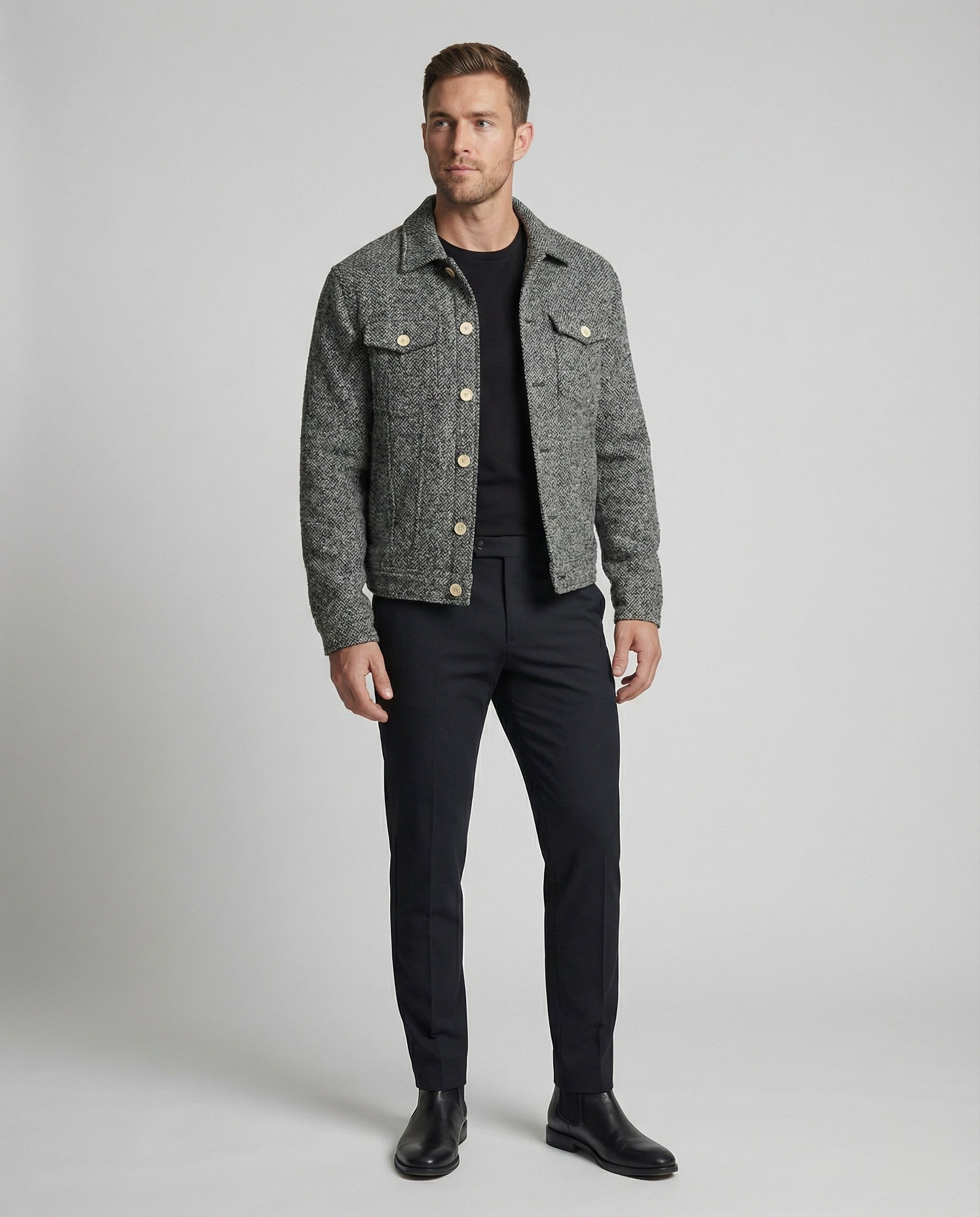 Herren kurzer Bouclé Blouson mit kastiger Silhouette Pattentaschen und Rippbündchen R&B