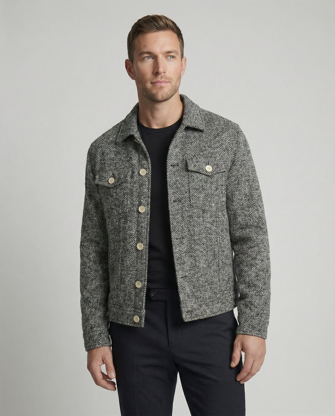 Herren kurzer Bouclé Blouson mit kastiger Silhouette Pattentaschen und Rippbündchen R&B