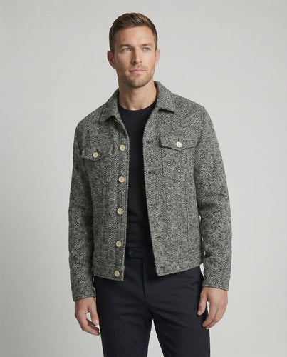 Herren kurzer Bouclé Blouson mit kastiger Silhouette Pattentaschen und Rippbündchen R&B