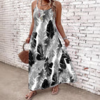 Damen Maxikleid mit aufregendem Blattmuster und schmalen Trägern R&B