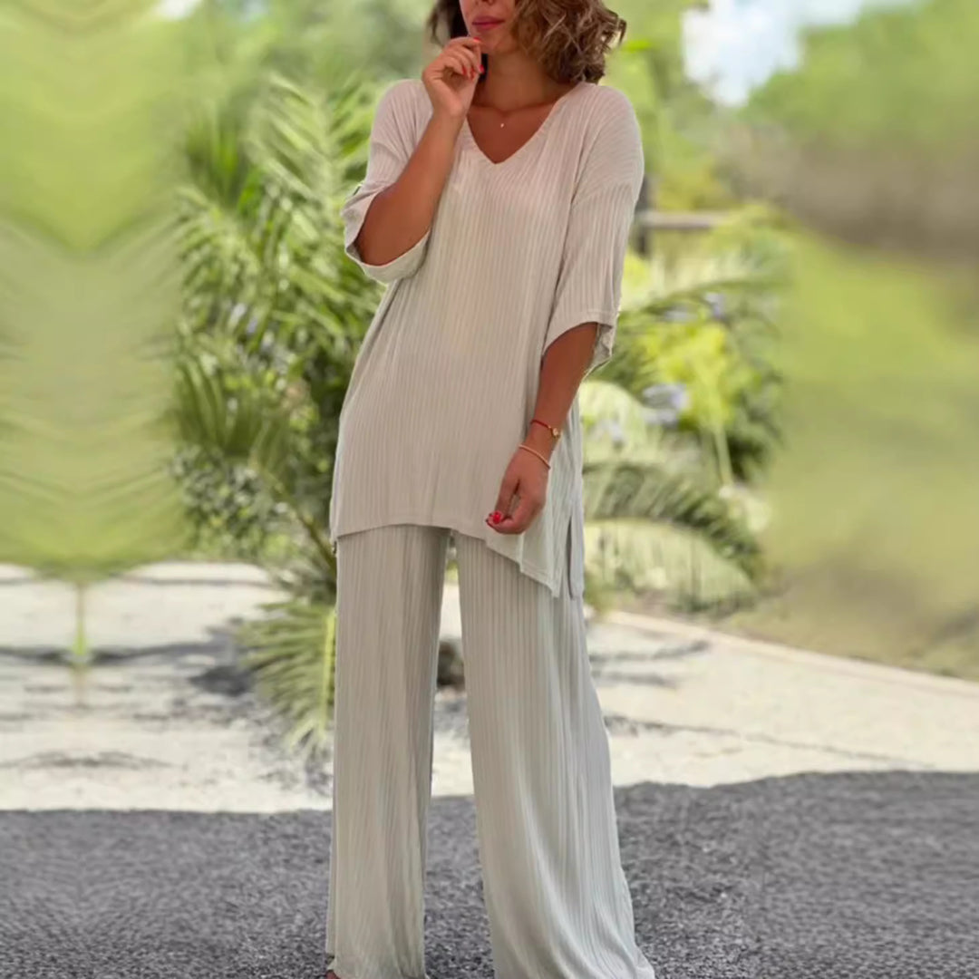 Damen nan zweiteiliges Reise- und Loungewear-Set aus weichem Rippjersey mit Longline-Tunika und Palazzohose R&B