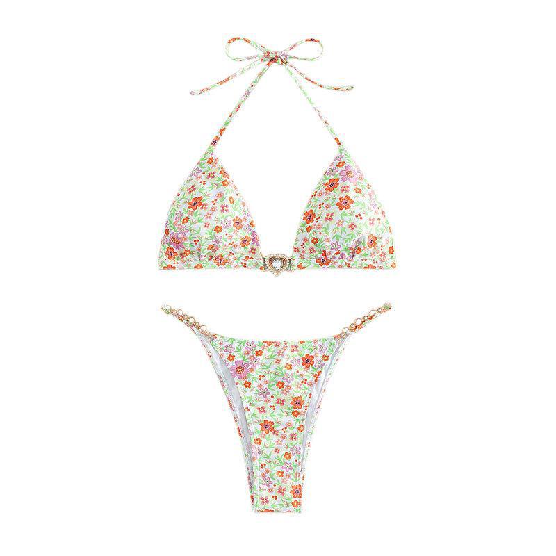 Damen Triangel-Bikini mit dekorativen Kettendetails und floralen Akzenten R&B