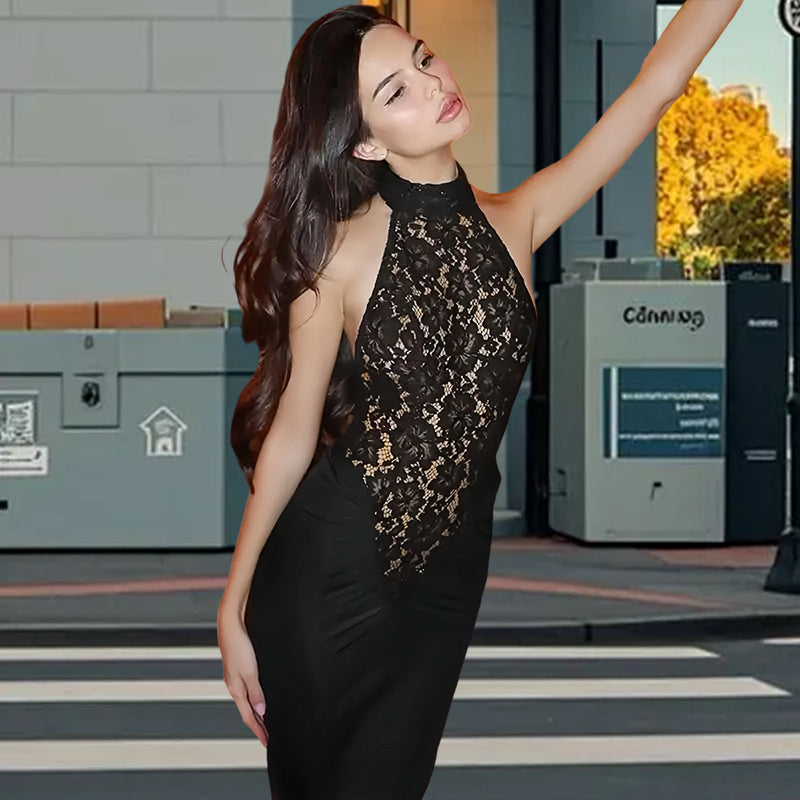 Damen Elegantes Spitzen-Maxikleid mit tiefem V-Ausschnitt und figurbetontem Schnitt R&B