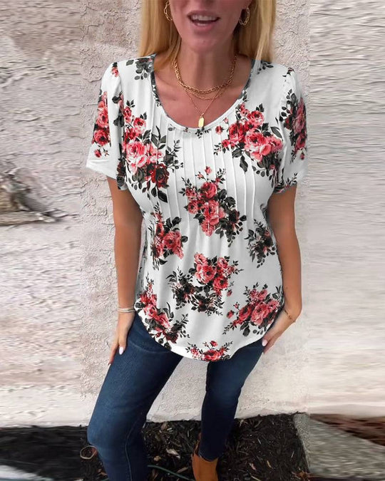 Damen nan locker geschnittenes Kurzarm-Blusenshirt mit Kellerfalten und floralem Druck R&B