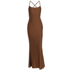 Damen elegantes Bodycon Maxikleid mit schulterfreiem Design und feinen Trägern R&B