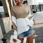 Damen Oversized Strickpullover mit V-Ausschnitt und Blockfarben