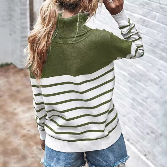 Damen Strickpullover mit einem modernen Hochkragen und breitem Streifenmuster R&B