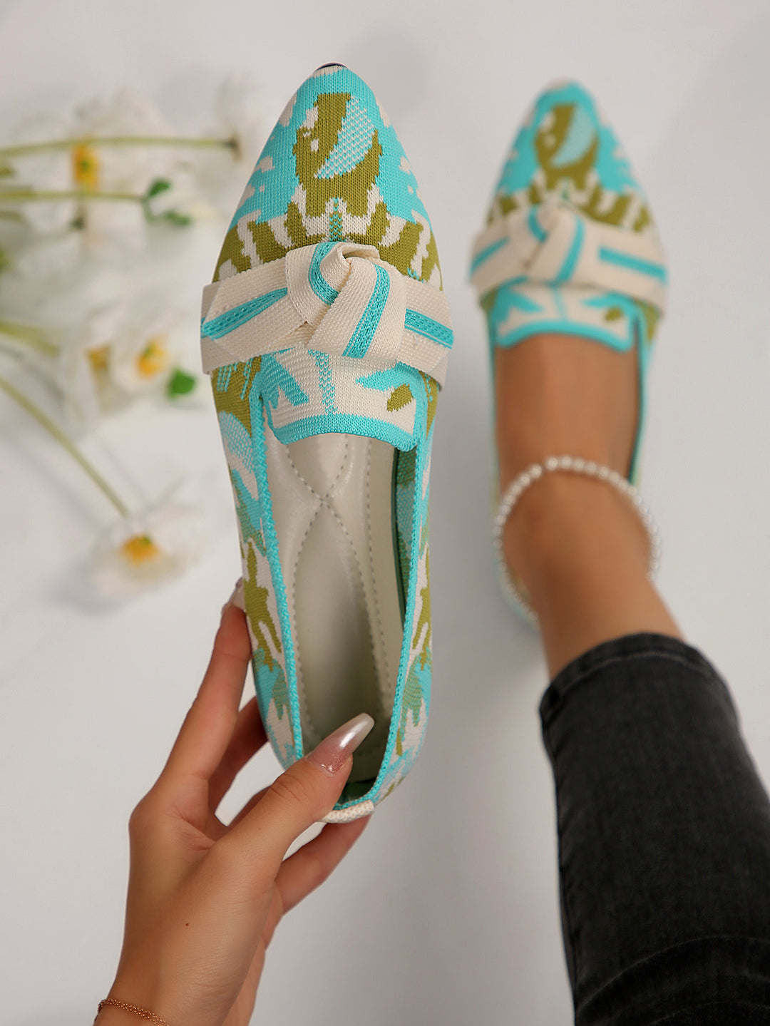 Damen Ballerinas mit elegantem, floralem Muster und modischer Knotenapplikation R&B