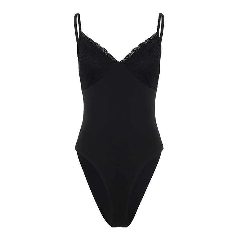 Damen eleganter Bodysuit mit Spitzenakzenten und verstellbaren Trägern R&B