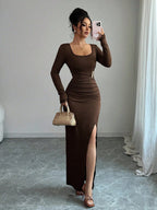 Damen nan körpernahes Maxikleid mit Quadratausschnitt, taillierter Raffung und hohem Seitenschlitz R&B