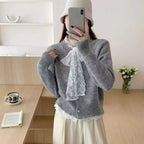 Damen Strickcardigan mit Lagenlook und Spitzenkragen