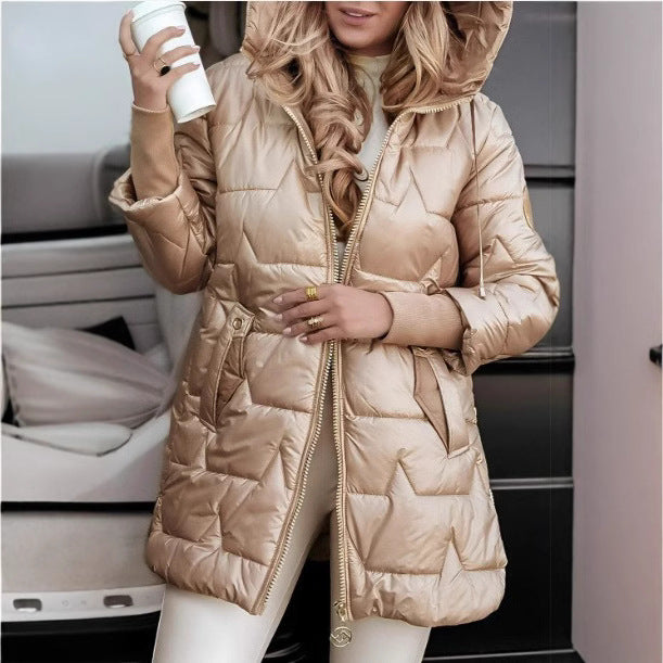 Damen Lange Steppjacke mit Kapuze und praktischen Taschen R&B