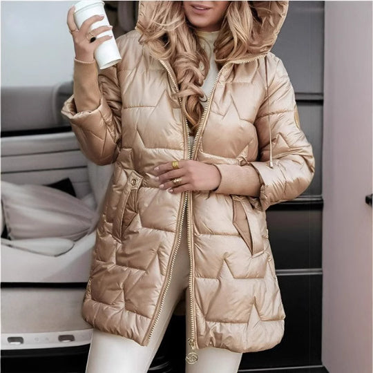Damen Lange Steppjacke mit Kapuze und praktischen Taschen R&B