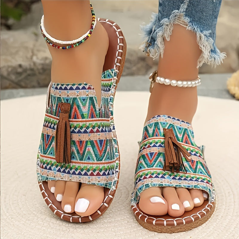 Damen Riemensandalen mit geflochtenem Muster und dekorativen Fransen R&B