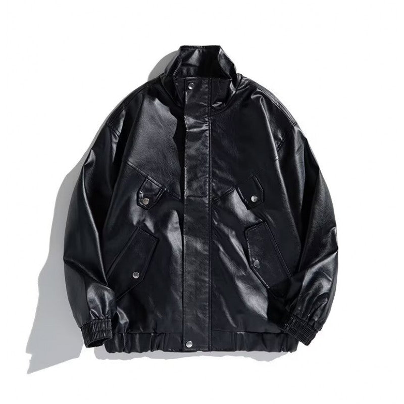 Damen modische Kunstlederjacke mit praktischen Taschen und hohem Kragen R&B