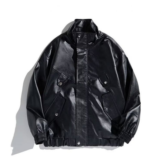 Damen modische Kunstlederjacke mit praktischen Taschen und hohem Kragen R&B