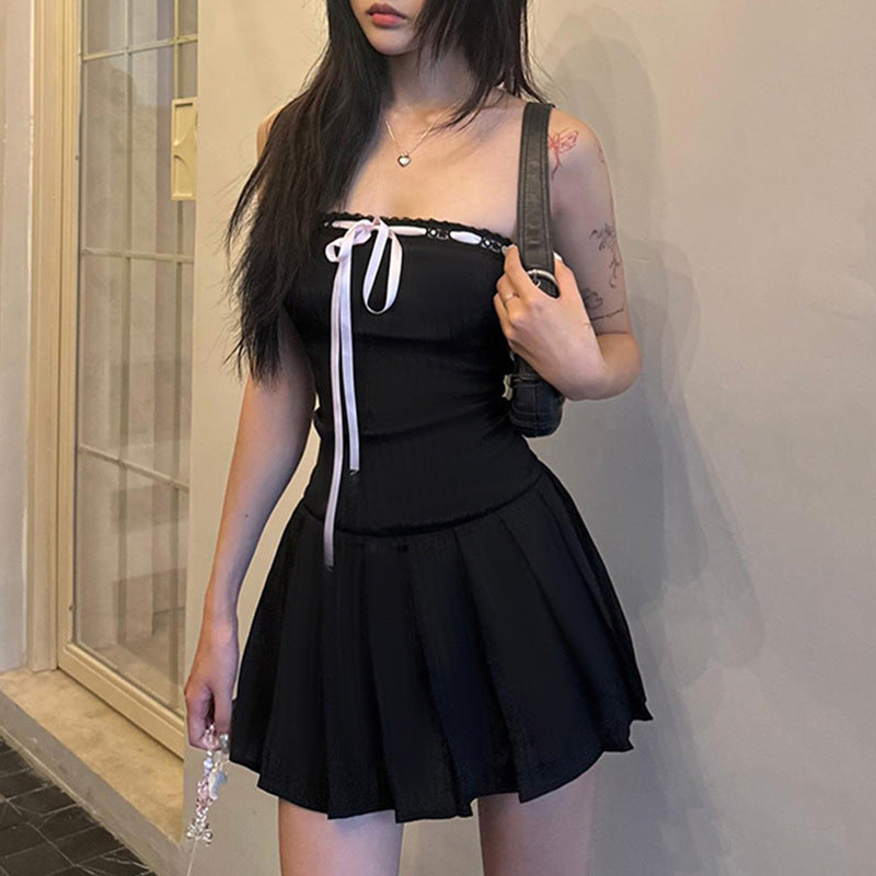 Damen Trägerkleid mit elegantem Spitzendetail und schwingendem Rock R&B