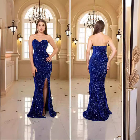 Damen glamouröses Abendkleid mit schulterfreiem Design und schimmernden Pailletten R&B