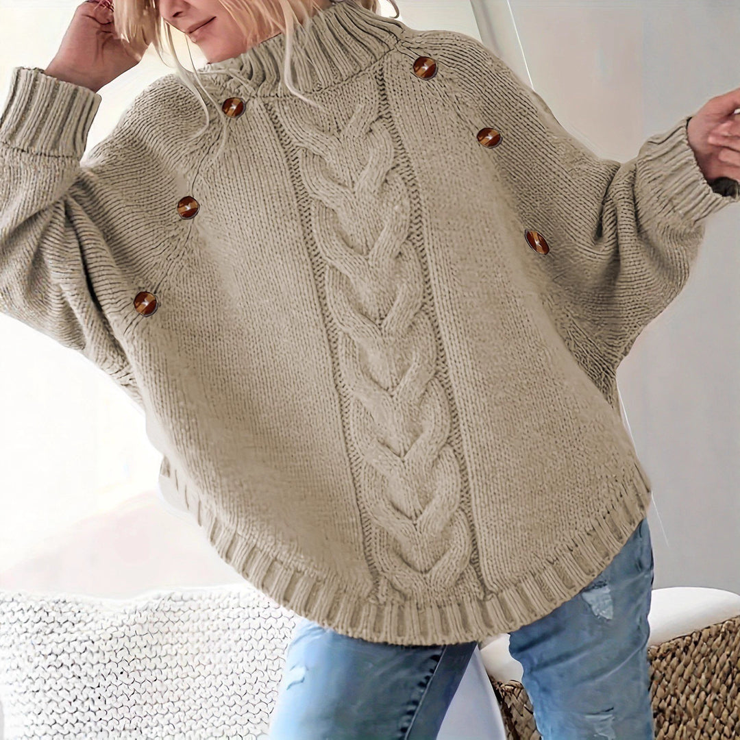 Damen Grobstrickpullover mit hochgeschlossenem Kragen und dekorativen Knöpfen R&B