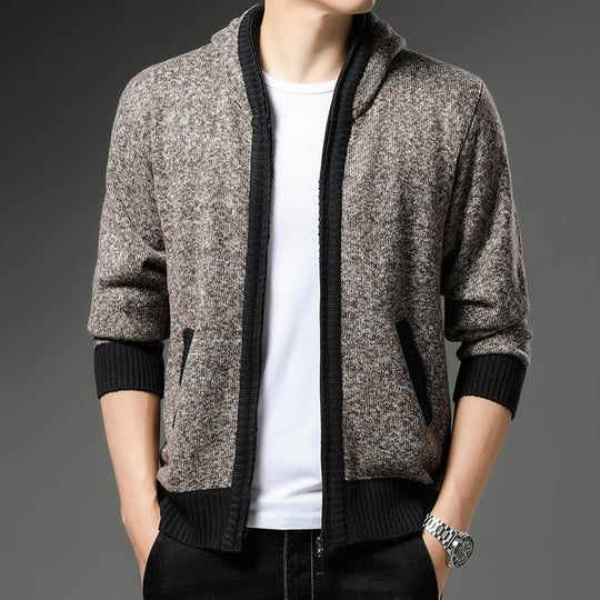 Herren Moderne Strickjacke mit Kapuze und schwarz-weißen Akzenten R&B