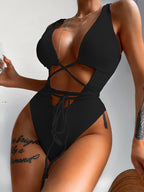 Damen Cut-Out Badeanzug mit tiefem V-Ausschnitt und raffinierten Schnürungen