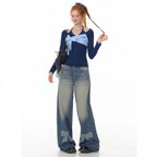 Damen Weite Jeans mit dekorativen Schleifendetails