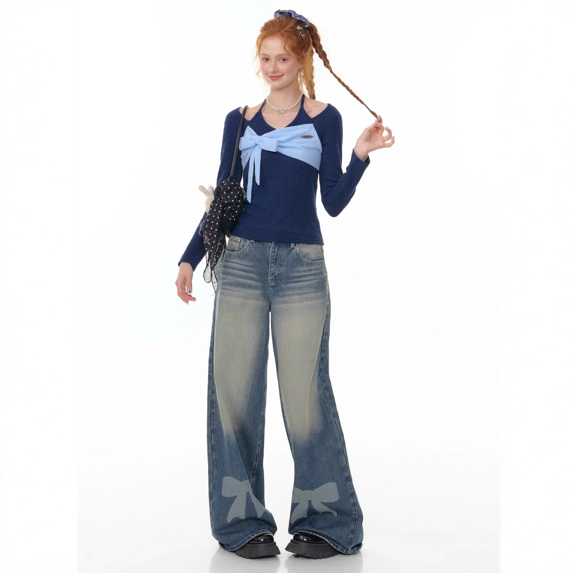 Damen Weite Jeans mit dekorativen Schleifendetails