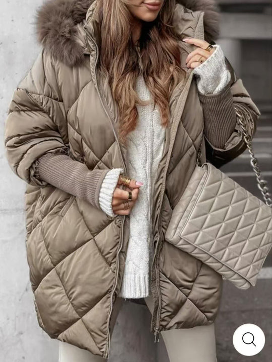 Damen Oversized Steppjacke mit abnehmbarem Kunstfellkragen R&B