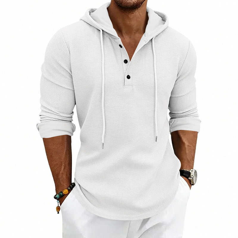 Herren nan lässiges Waffelstrick-Henley Kapuzenpullover mit Knopfleiste R&B