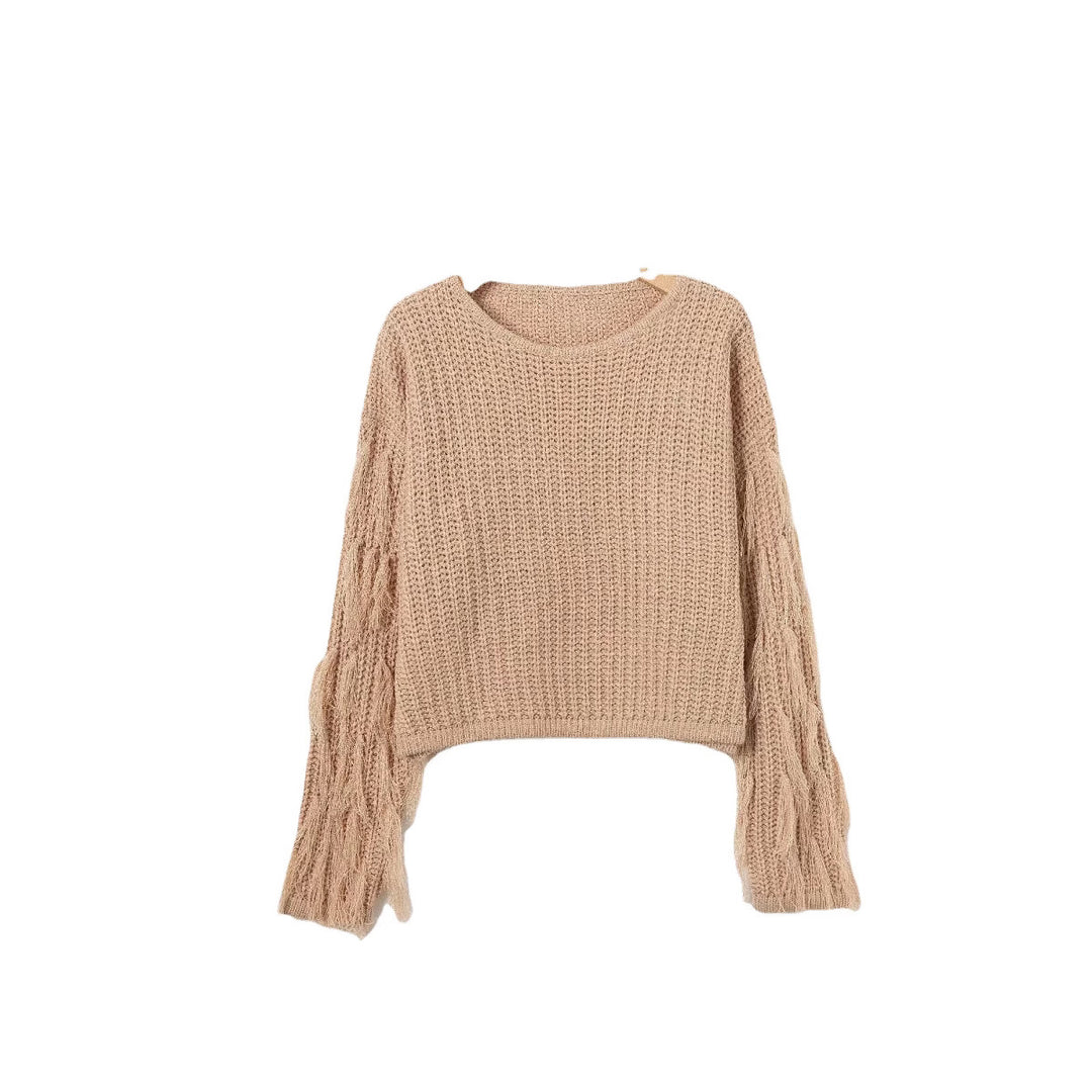 Damen modischer Strickpullover mit fransigen Ärmeln und besonderem Strukturmuster R&B