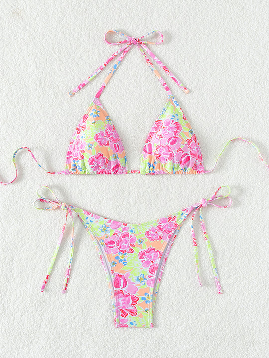 Damen Triangel-Bikini mit verspielt floralem Design und bindbaren Trägern R&B