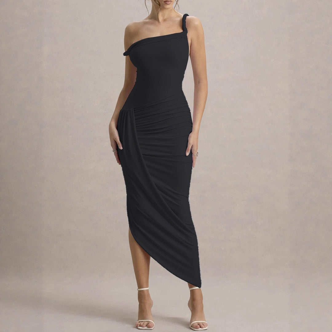 Damen elegantes asymmetrisches Maxikleid mit Raffungen R&B