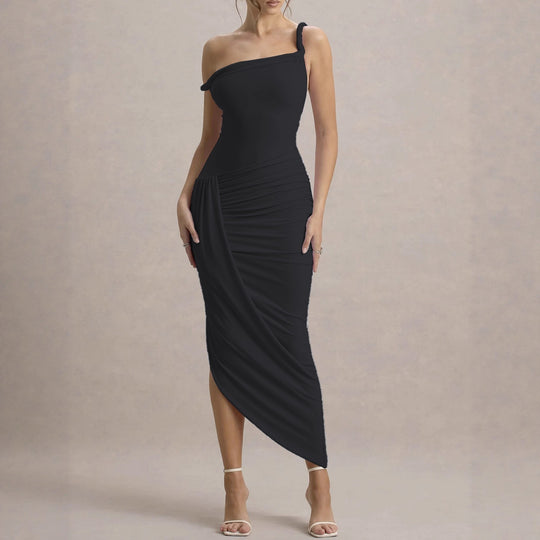 Damen elegantes asymmetrisches Maxikleid mit Raffungen R&B