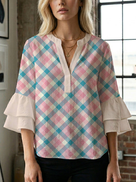 Damen Bluse mit voluminösen Flügelärmel und intensivem Blattmuster R&B