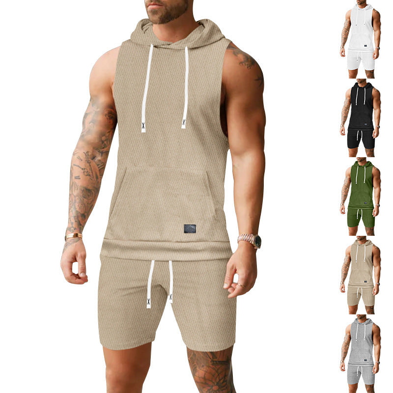 Herren nan ärmelloses Kapuzenweste-Set aus strukturiertem Baumwollmix mit Kängurutasche und Tunnelzug-Shorts R&B