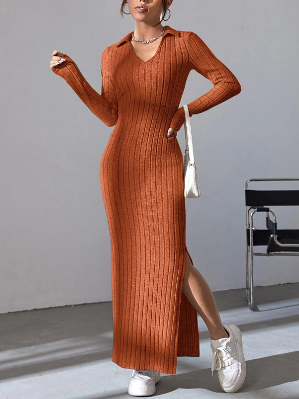 Damen Langarm Maxikleid mit V-Ausschnitt und seitlichem Schlitz R&B