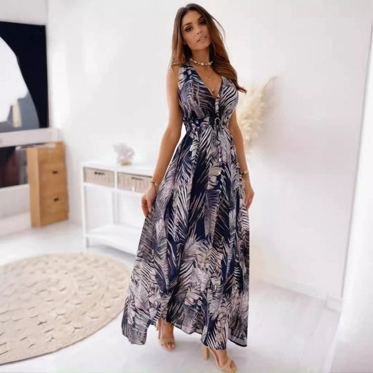 Damen Maxikleid mit floralen Mustern und tailliertem Oberteil R&B