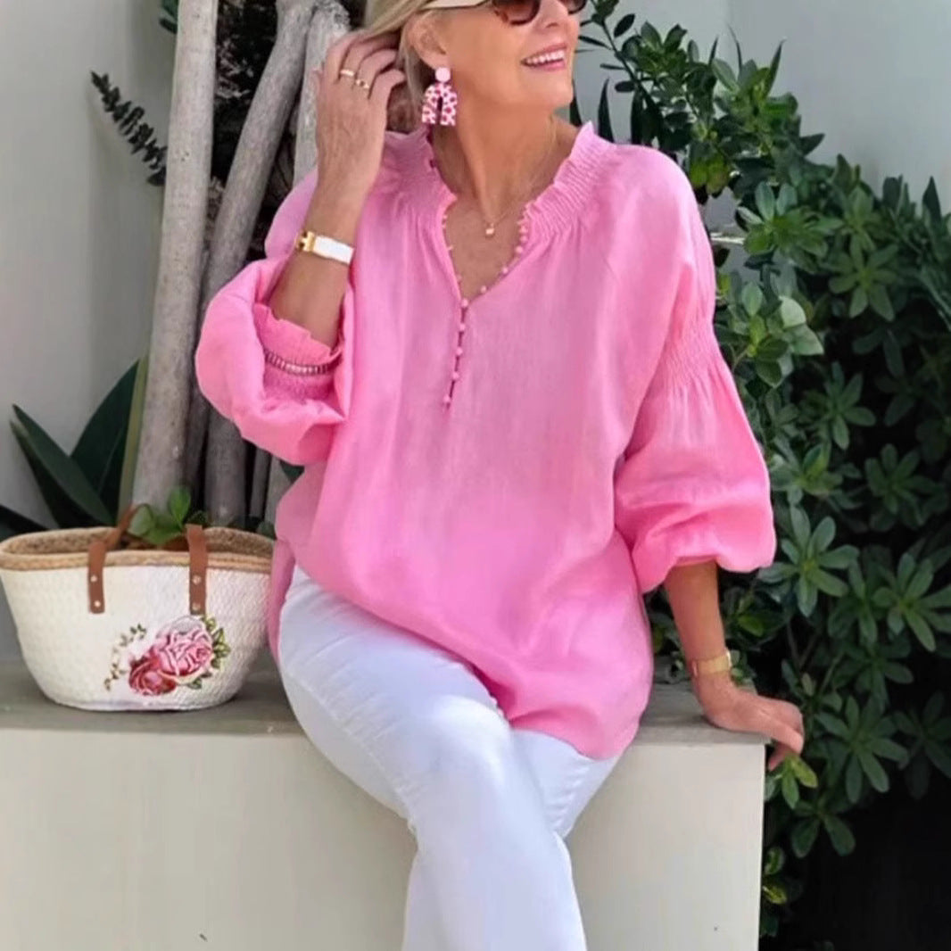 Damen Leichte Bluse mit elastischen Puffärmeln und Knopfleiste R&B