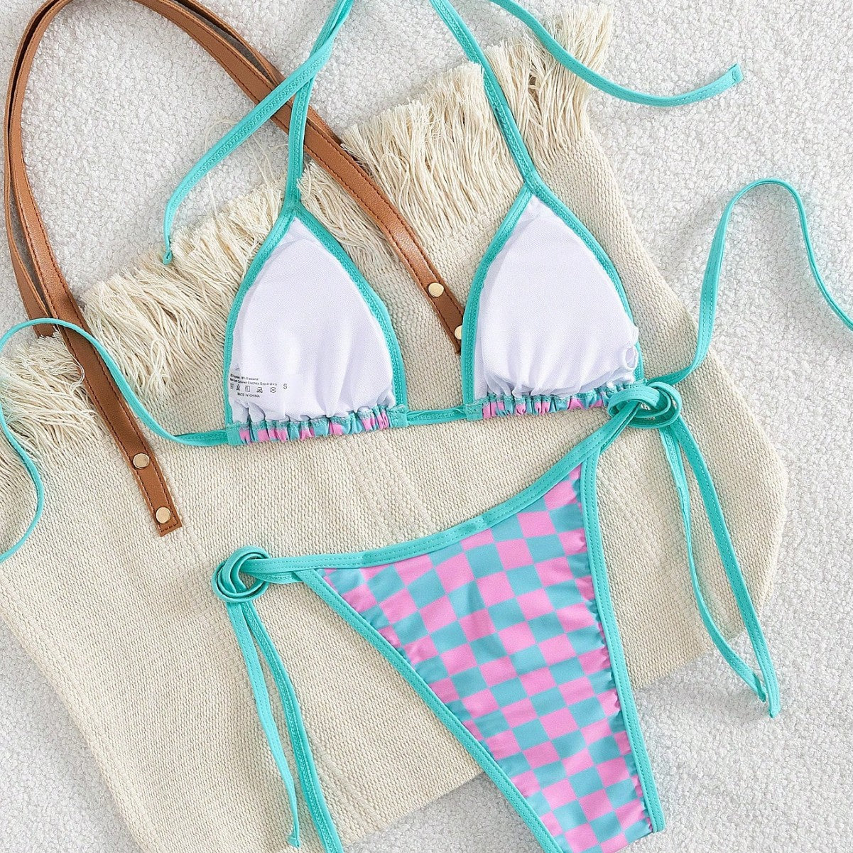 Damen Triangel-Bikini mit Karomuster und raffinierten BindR&Bändern R&B