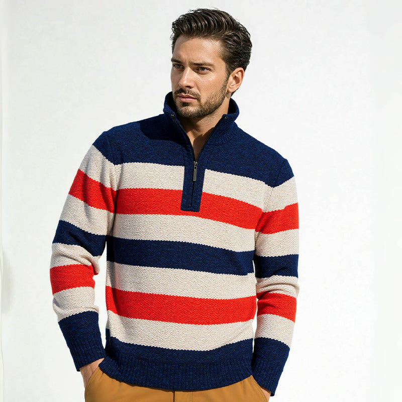 Herren modernes Strickpullover mit halbem Reißverschluss und Blockstreifen R&B