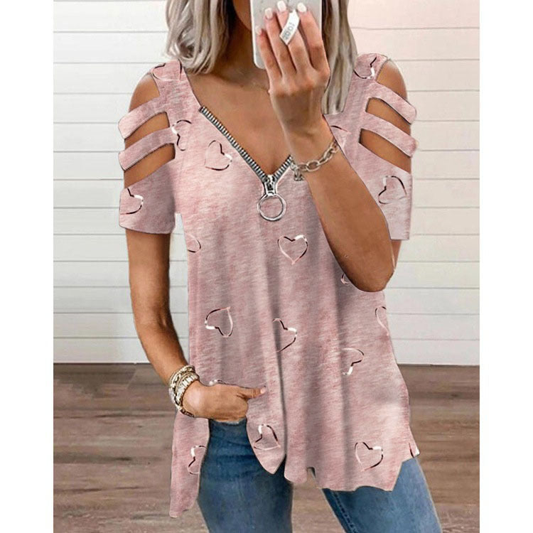 Damen V-Ausschnitt T-Shirt mit Cut-Outs und Herzdesign R&B
