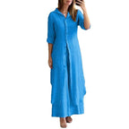 Damen nan langes Leinen-Hemdblusenkleid mit durchgehender Knopfleiste, Hemdkragen und dezentem A-Linien-Schnitt R&B