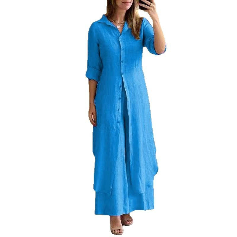 Damen nan langes Leinen-Hemdblusenkleid mit durchgehender Knopfleiste, Hemdkragen und dezentem A-Linien-Schnitt R&B